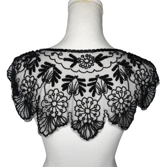 Vintage Black Beaded Mesh Floral Design Bolero Collar Shaw Belt Multi-way Piece - Picture 5 of 16